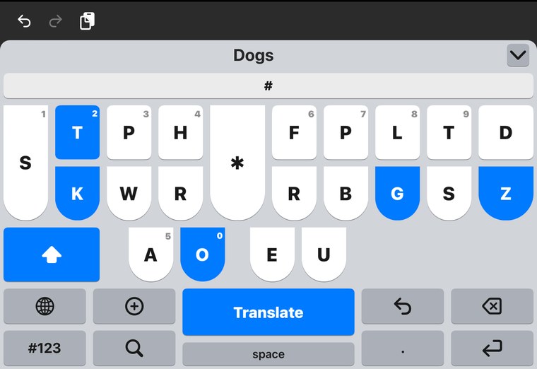 A four key chord held on the Steno Keyboard in its light theme, with the Translate
                key highlighted and the word Dogs written above.